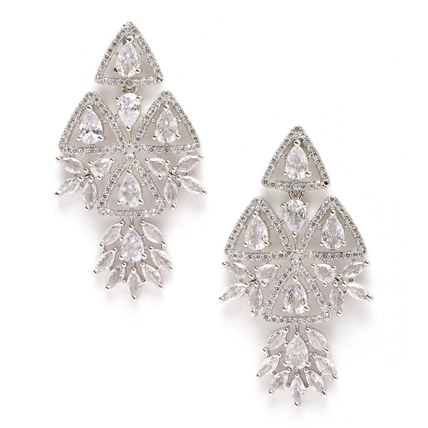 Rhodium-Plated White American Diamond studded Triangular Shaped Drop Earrings