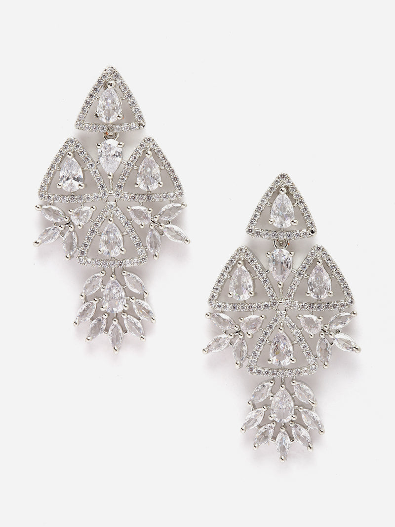 Rhodium-Plated White American Diamond studded Triangular Shaped Drop Earrings