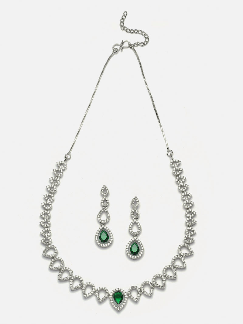 Rhodium-Plated Green American Diamonds Studded Spheroid Necklace & Earrings Jewellery Set