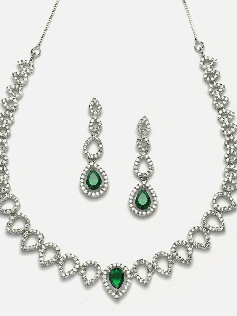 Rhodium-Plated Green American Diamonds Studded Spheroid Necklace & Earrings Jewellery Set