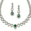 Rhodium-Plated Green American Diamonds Studded Spheroid Necklace & Earrings Jewellery Set