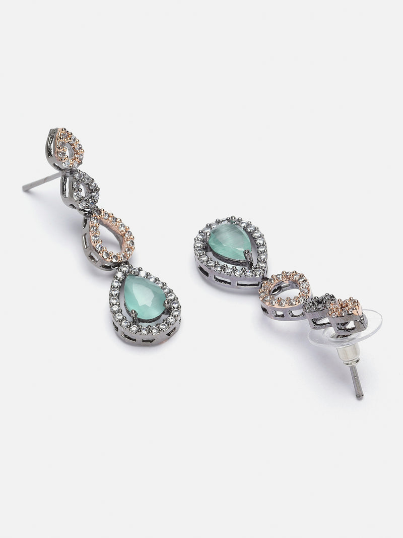 Rose Gold-Plated Gunmetal Toned Sea Green American Diamonds Studded Spheroid Necklace & Earrings Jewellery Set