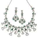 Rhodium-Plated Green American Diamond Studded Quirky Design Necklace with Earrings Jewellery Set