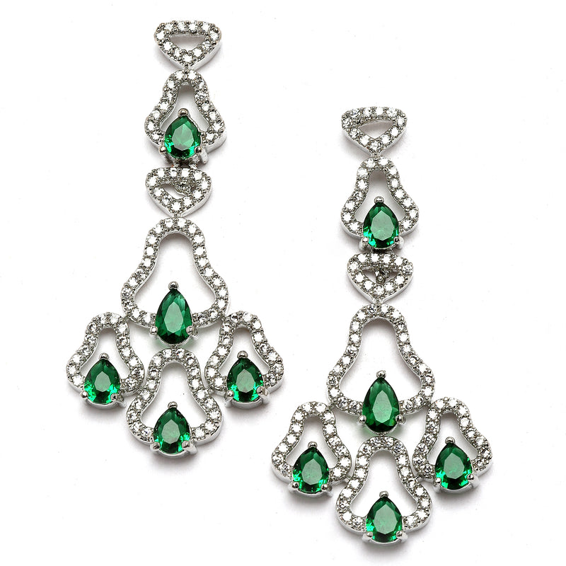 Rhodium-Plated Green American Diamond Studded Quirky Design Necklace with Earrings Jewellery Set