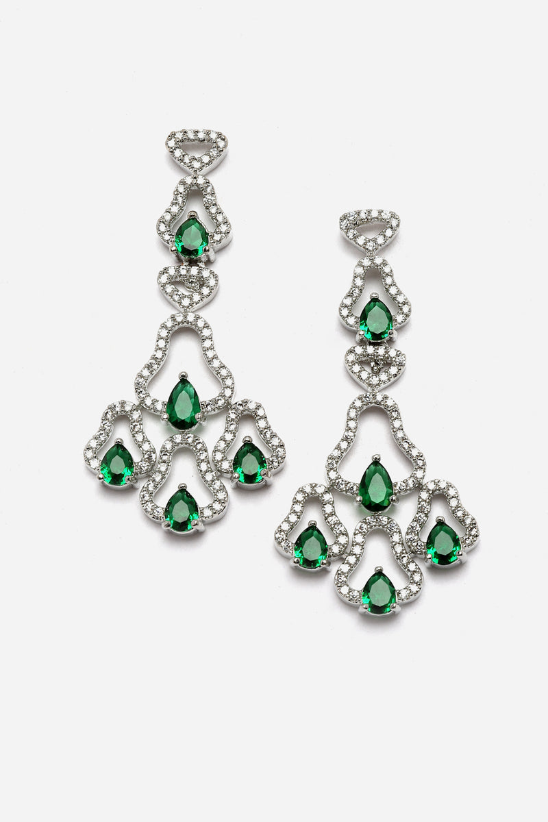 Rhodium-Plated Green American Diamond Studded Quirky Design Necklace with Earrings Jewellery Set