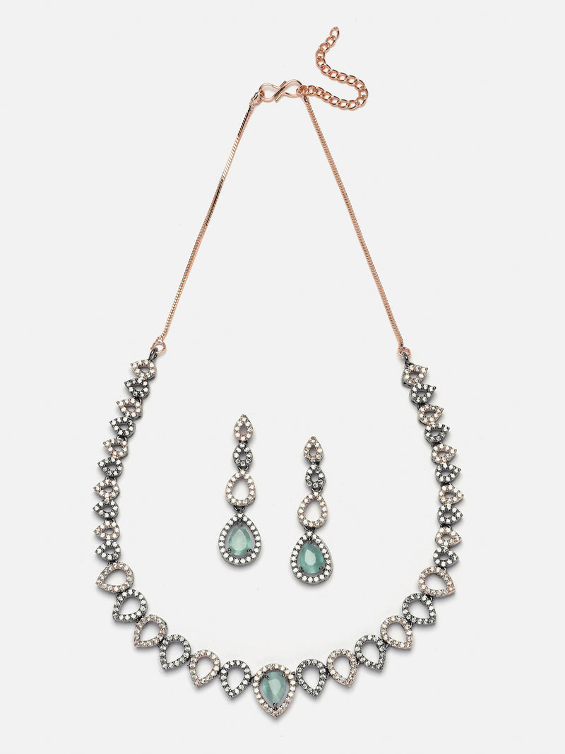 Rose Gold-Plated Gunmetal Toned Sea Green American Diamonds Studded Spheroid Necklace & Earrings Jewellery Set