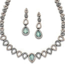 Rose Gold-Plated Gunmetal Toned Sea Green American Diamonds Studded Spheroid Necklace & Earrings Jewellery Set