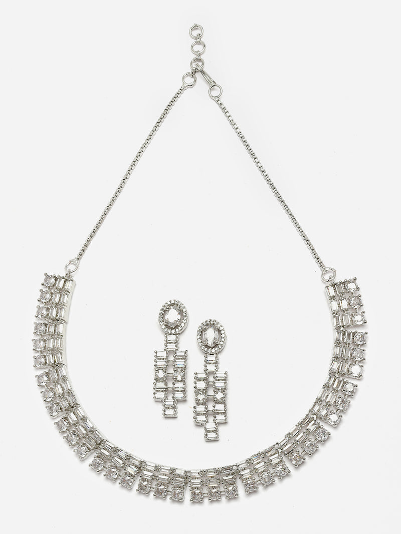 Rhodium-Plated White Round Shape American Diamonds Studded Necklace & Earrings Jewellery Set