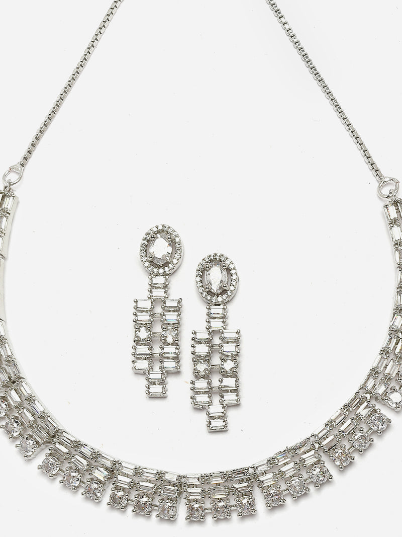 Rhodium-Plated White Round Shape American Diamonds Studded Necklace & Earrings Jewellery Set