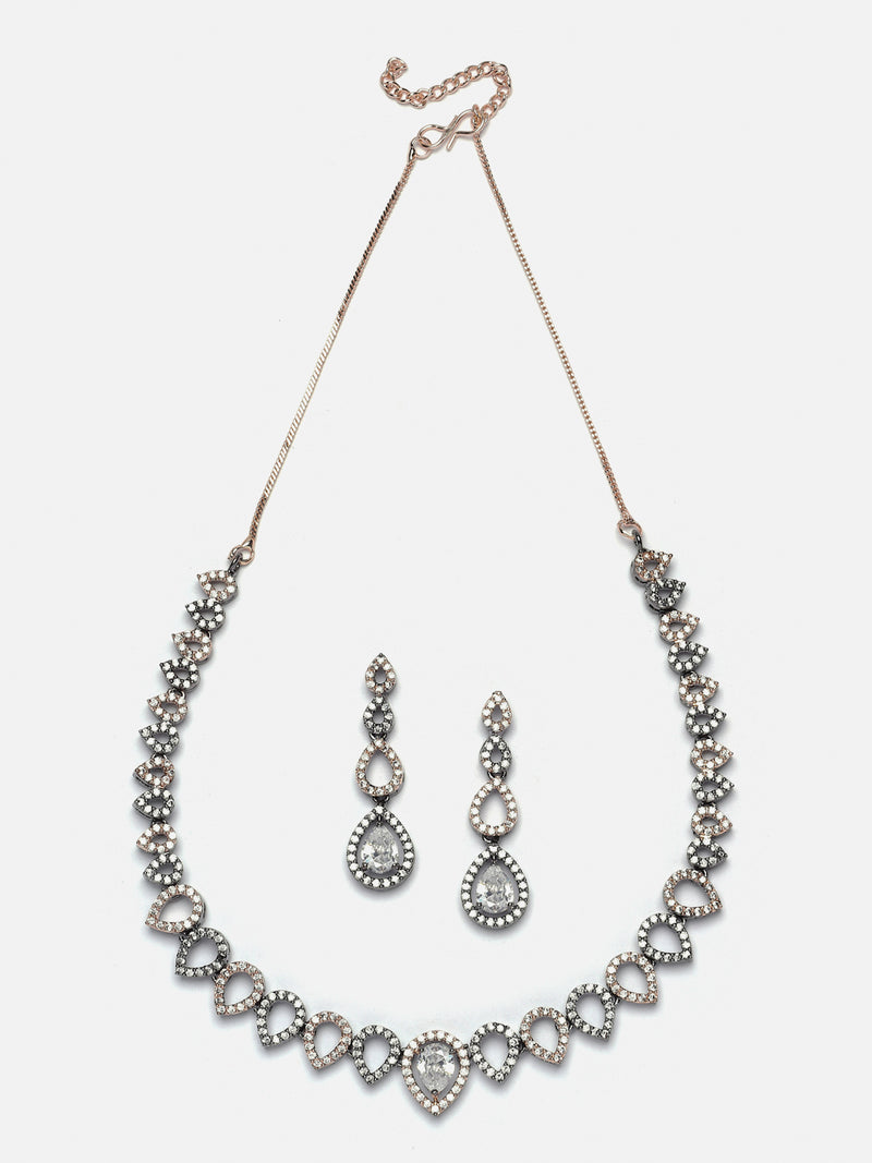 Rose Gold-Plated Gunmetal Toned White American Diamonds Studded Spheroid Necklace & Earrings Jewellery Set