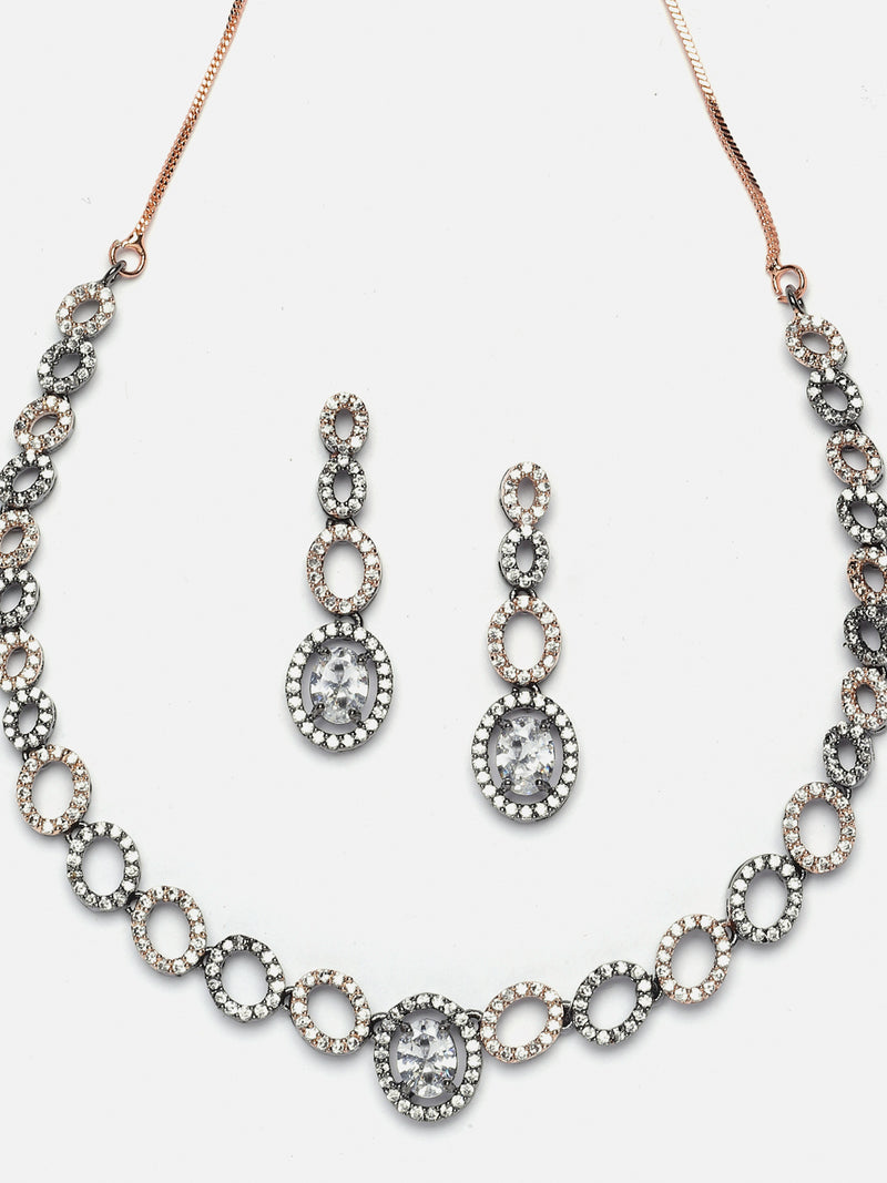 Rose Gold-Plated Gunmetal Toned White American Diamonds Studded Ovate Shaped Necklace & Earrings Jewellery Set