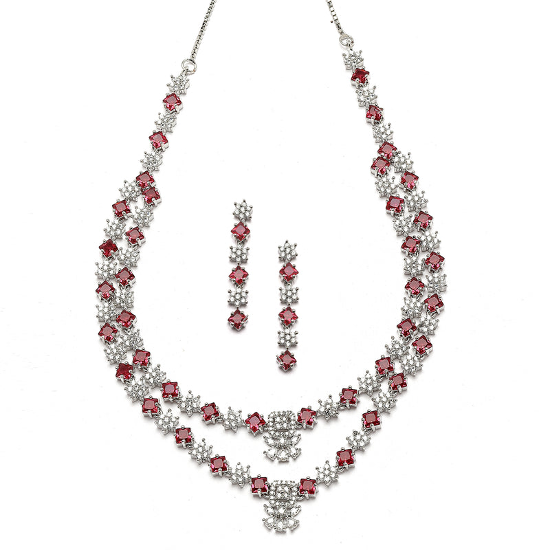 Rhodium-Plated Red American Diamond Studded Star Shaped Layered Necklace & Earrings Jewellery Set