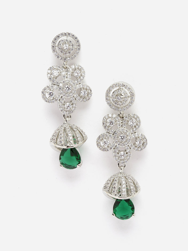 Rhodium-Plated Green American Diamond studded Dome & Teardrop Shaped Jhumka Earrings