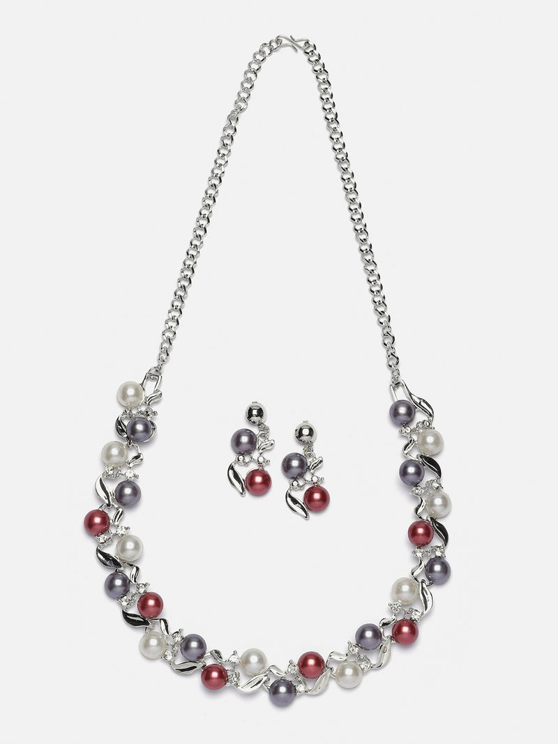 Silver-Plated Red & White Artificial Stones Studded Leafy Shaped Necklace with Earrings Jewellery Set