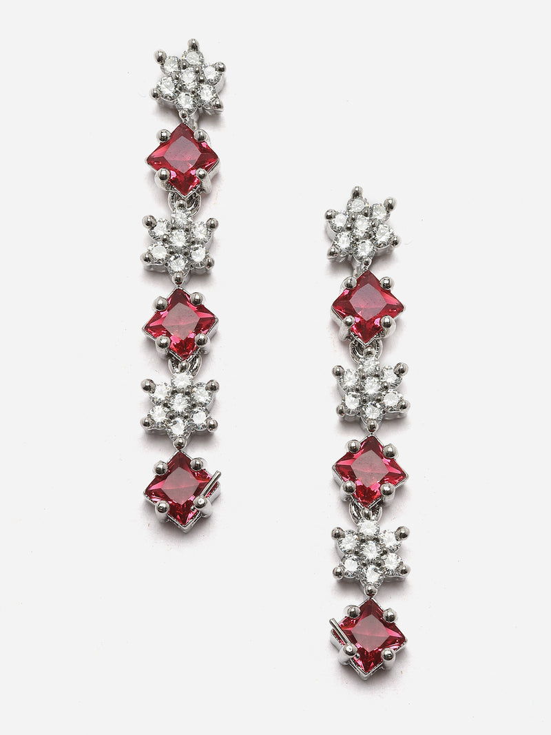 Rhodium-Plated Red American Diamond Studded Star Shaped Layered Necklace & Earrings Jewellery Set