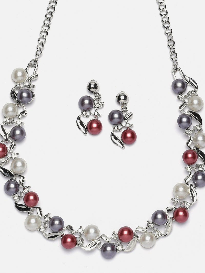 Silver-Plated Red & White Artificial Stones Studded Leafy Shaped Necklace with Earrings Jewellery Set