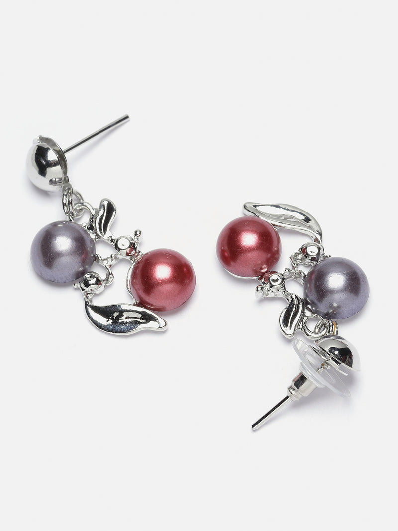 Silver-Plated Red & White Artificial Stones Studded Leafy Shaped Necklace with Earrings Jewellery Set