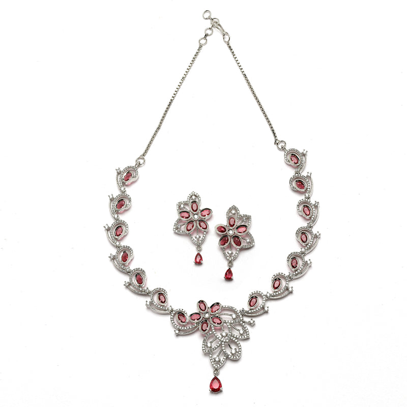 Rhodium-Plated Red American Diamond Studded Floral & Paisley Shaped Necklace with Earrings Jewellery Set