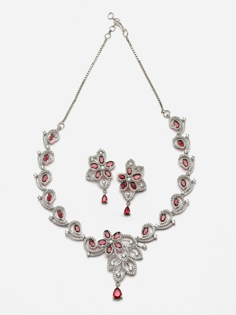 Rhodium-Plated Red American Diamond Studded Floral & Paisley Shaped Necklace with Earrings Jewellery Set