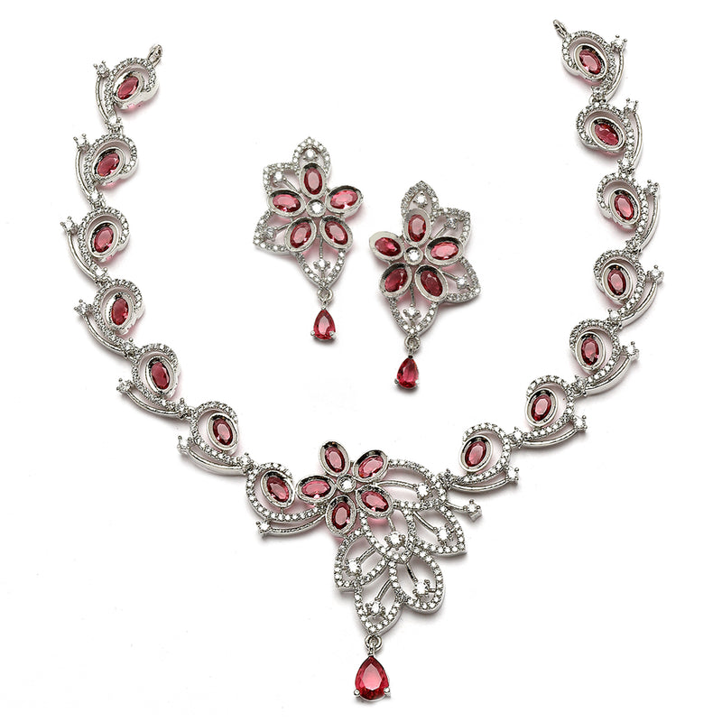 Rhodium-Plated Red American Diamond Studded Floral & Paisley Shaped Necklace with Earrings Jewellery Set