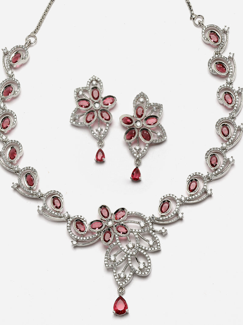 Rhodium-Plated Red American Diamond Studded Floral & Paisley Shaped Necklace with Earrings Jewellery Set