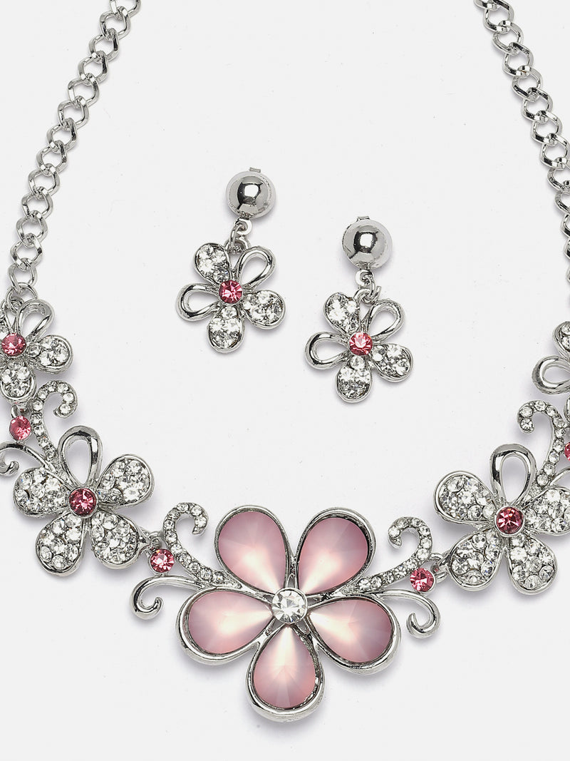 Rhodium-Plated Pink American Diamonds Studded Floweret Necklace & Earrings Jewellery Set