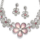 Rhodium-Plated Pink American Diamonds Studded Flower Necklace & Earrings Jewellery Set