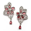 Rhodium-Plated Red American Diamond Studded Floral & Paisley Shaped Necklace with Earrings Jewellery Set