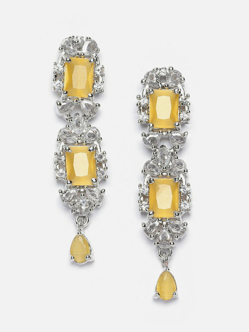 Rhodium-Plated Yellow American Diamonds Studded Teardrop & Cubical Necklace & Earrings Jewellery Set