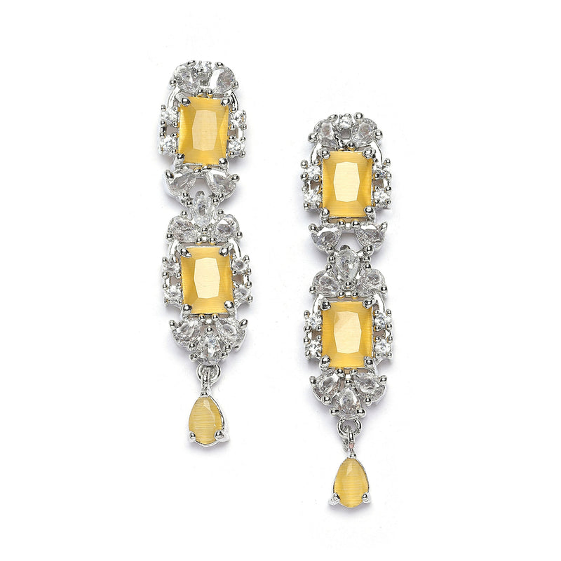 Rhodium-Plated Yellow American Diamonds Studded Teardrop & Cubical Necklace & Earrings Jewellery Set