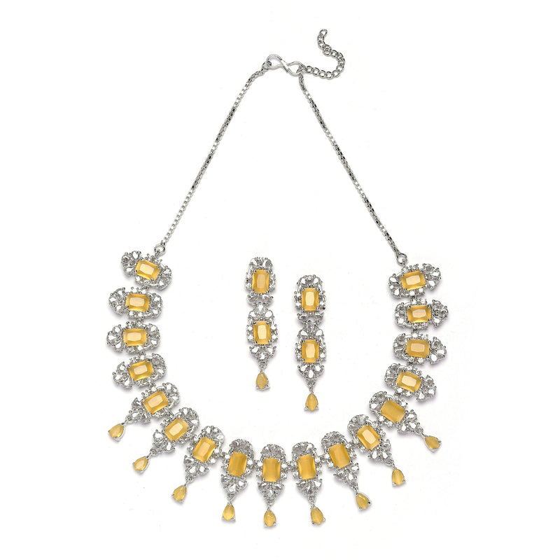 Rhodium-Plated Yellow American Diamonds Studded Teardrop & Cubical Necklace & Earrings Jewellery Set