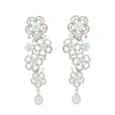 Rhodium-Plated Sea Green & White American Diamond studded Floral Chandelier Drop Earrings