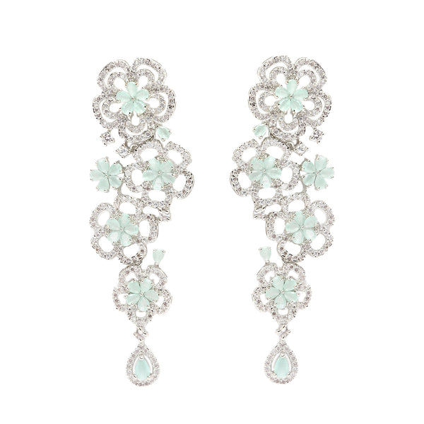 Rhodium-Plated Sea Green & White American Diamond studded Floral Chandelier Drop Earrings