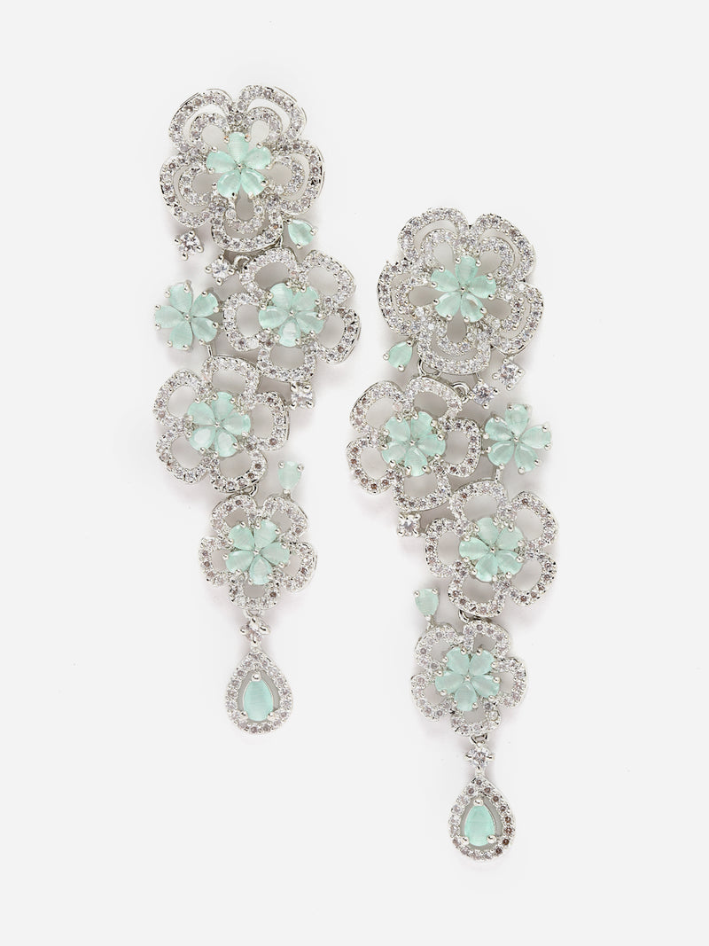 Rhodium-Plated Sea Green & White American Diamond studded Floral Chandelier Drop Earrings