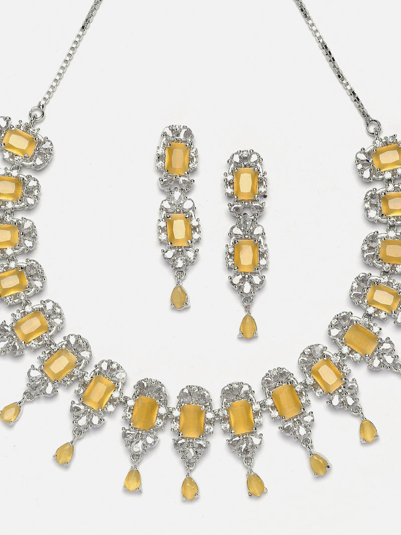 Rhodium-Plated Yellow American Diamonds Studded Teardrop & Cubical Necklace & Earrings Jewellery Set