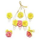 Gold-Plated Yellow-Pink Floral White Pearls Beaded Haldi & Mehendi Jewellery Set with Maang Tikka & Haathphool