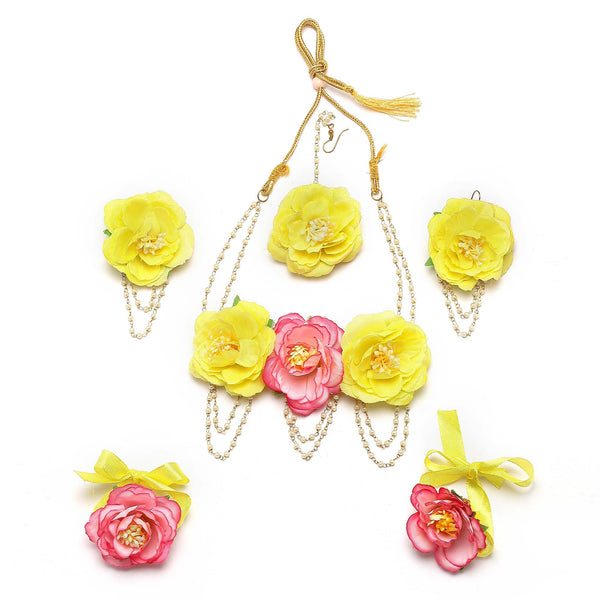 Gold-Plated Yellow-Pink Floral White Pearls Beaded Haldi & Mehendi Jewellery Set with Maang Tikka & Haathphool