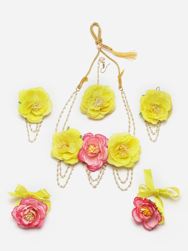 Gold-Plated Yellow-Pink Floral White Pearls Beaded Haldi & Mehendi Jewellery Set with Maang Tikka & Haathphool
