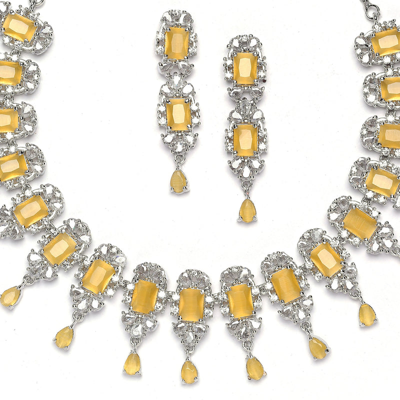 Rhodium-Plated Yellow American Diamonds Studded Teardrop & Cubical Necklace & Earrings Jewellery Set