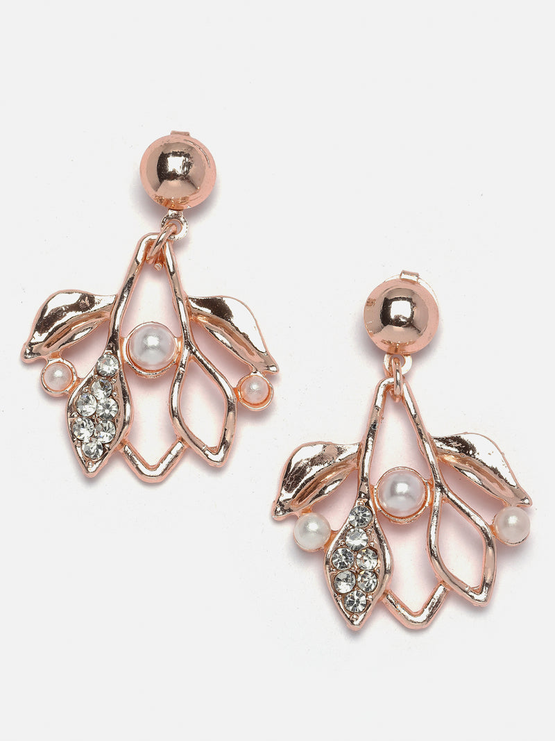 Rose Gold-Plated White Cubic Zirconia & White Pearls Studded Leaf Shaped Necklace with Earrings Jewellery Set