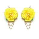 Gold-Plated Yellow-Pink Floral White Pearls Beaded Haldi & Mehendi Jewellery Set with Maang Tikka & Haathphool