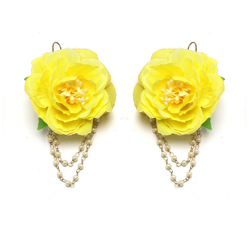 Gold-Plated Yellow-Pink Floral White Pearls Beaded Haldi & Mehendi Jewellery Set with Maang Tikka & Haathphool