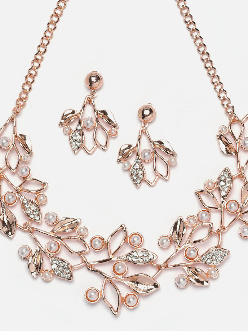 Rose Gold-Plated White Cubic Zirconia & White Pearls Studded Leaf Shaped Necklace with Earrings Jewellery Set