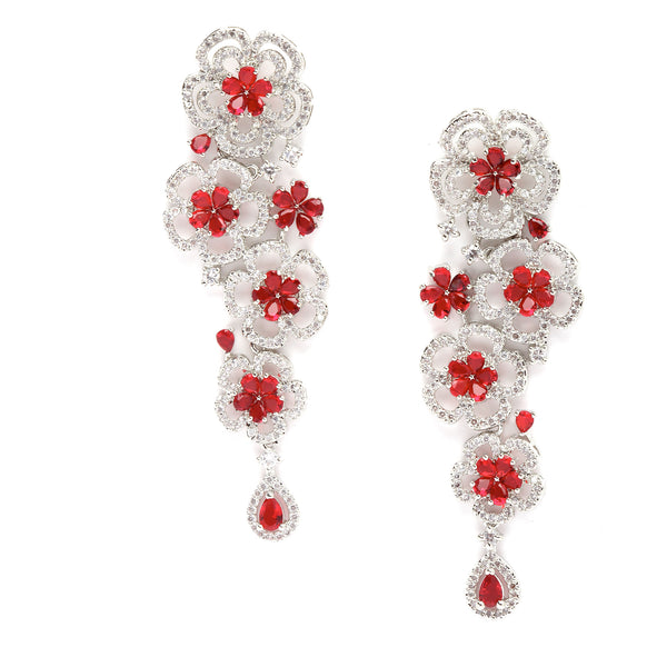 Rhodium-Plated Red & White American Diamond studded Floral Chandelier Drop Earrings