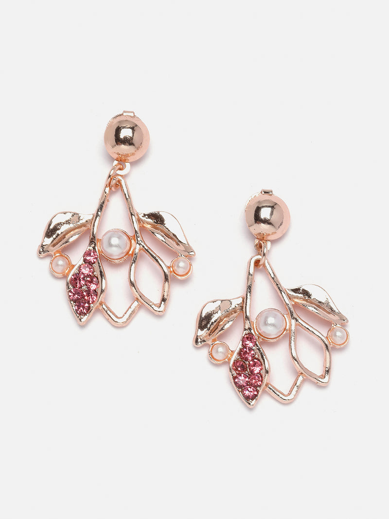 Rose Gold-Plated Pink Cubic Zirconia & White Pearls Studded Leaf Shaped Necklace with Earrings