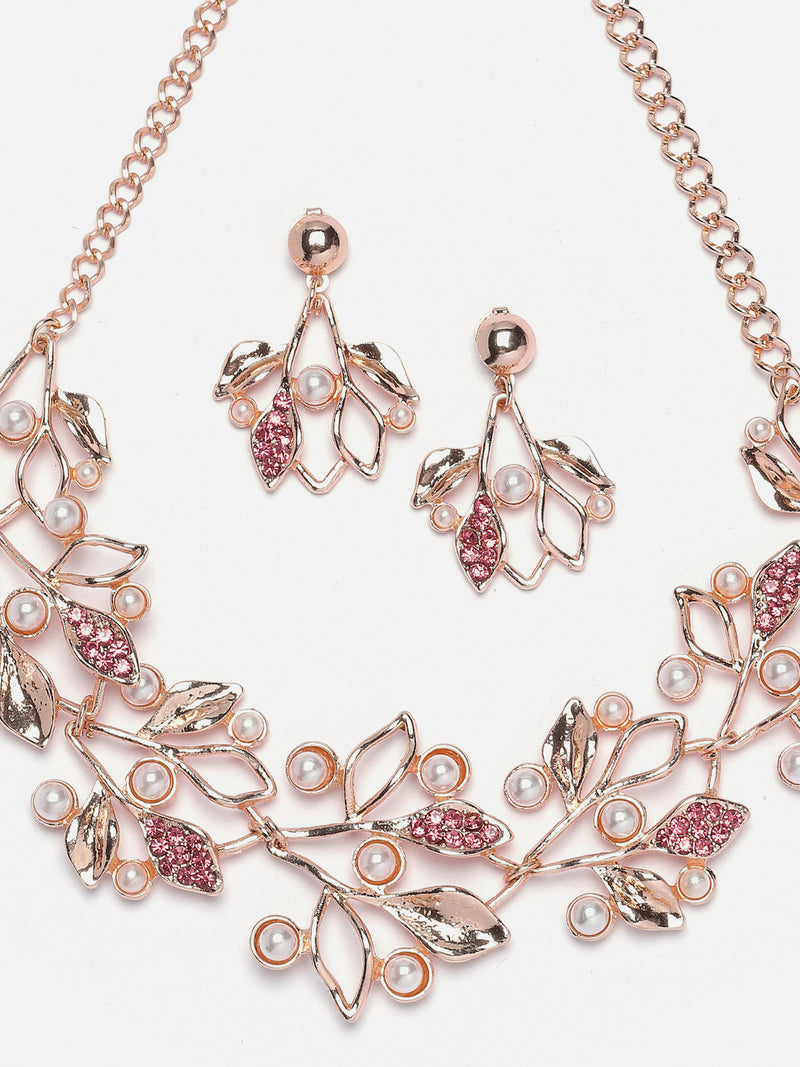 Rose Gold-Plated Pink Cubic Zirconia & White Pearls Studded Leaf Shaped Necklace with Earrings