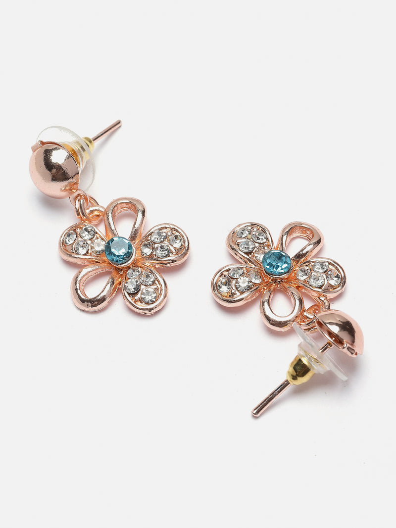 Rose Gold-Plated Sea Green American Diamonds Studded Floweret Necklace & Earrings Jewellery Set