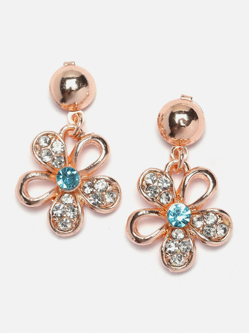 Rose Gold-Plated Sea Green American Diamonds Studded Floweret Necklace & Earrings Jewellery Set