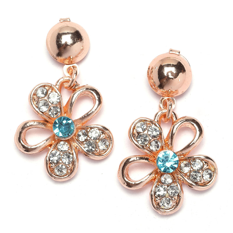 Rose Gold-Plated Sea Green American Diamonds Studded Floweret Necklace & Earrings Jewellery Set