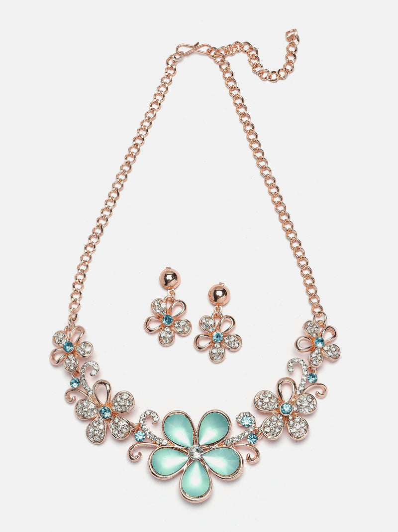 Rose Gold-Plated Sea Green American Diamonds Studded Floweret Necklace & Earrings Jewellery Set